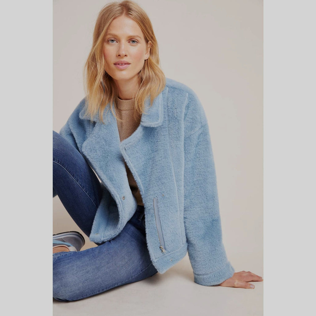 New Anthropologie Sherpa Swan Zipper Coat by FRNCH $198 Blue MEDIUM Ultra Soft