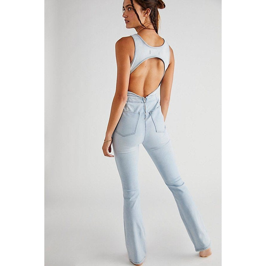 New Free People WTF Ultravioletn Cutout Jumpsuit $148 LARGE  Light Blue Retro
