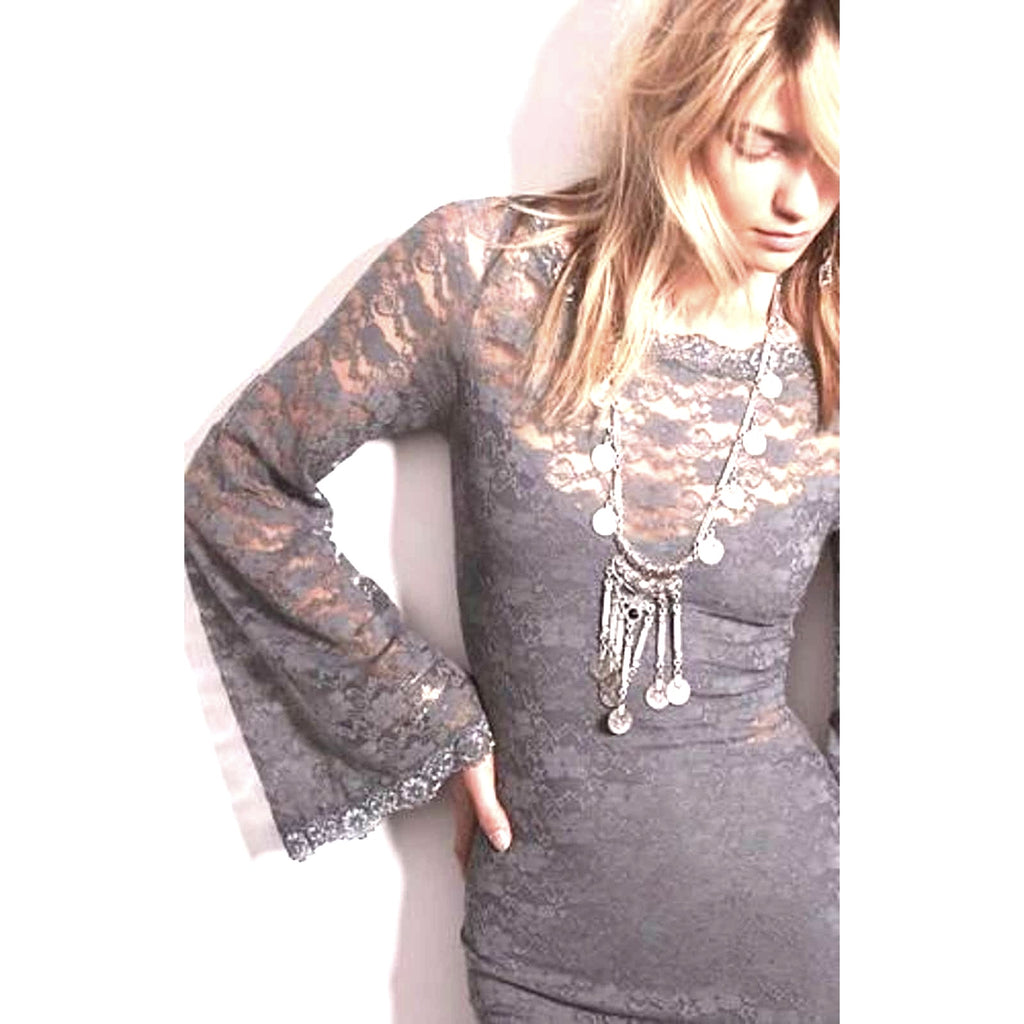 New Free People Lovely in Lace Bodycon Mini Dress $118 Gray Slate XS