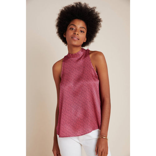 Pink high-neck tie-back tank top with sleeveless cut and textured knit pattern