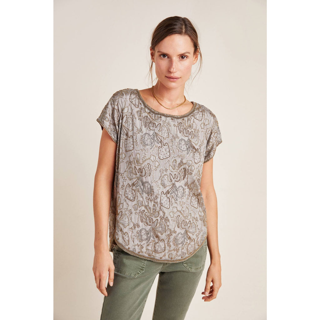 New Anthropologie x Love Sam Lorelei Hand Beaded Blouse $325 Small EARTH