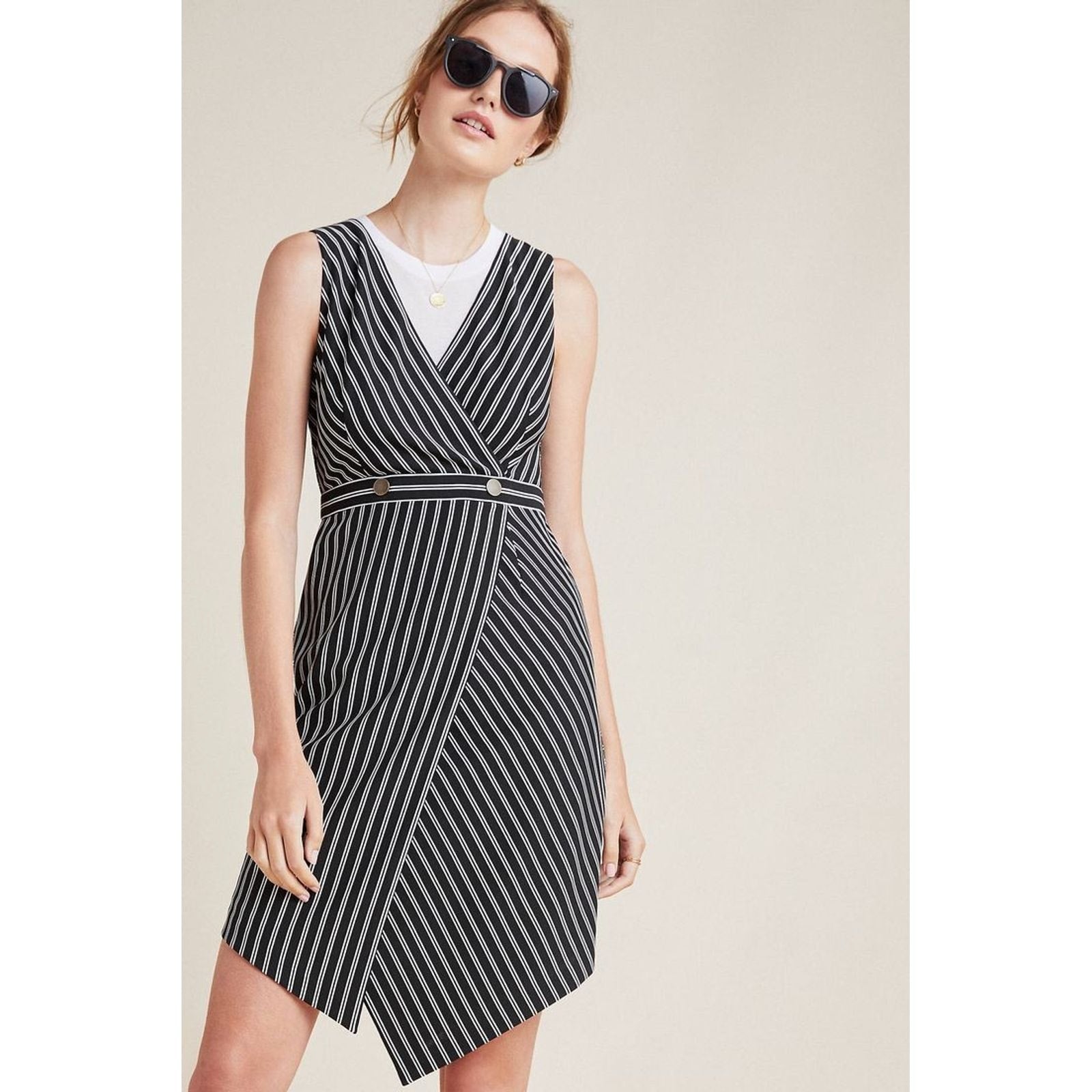 New Anthropologie Indira Asymmetrical Dress by Hutch $160 XS Striped Mini B&W