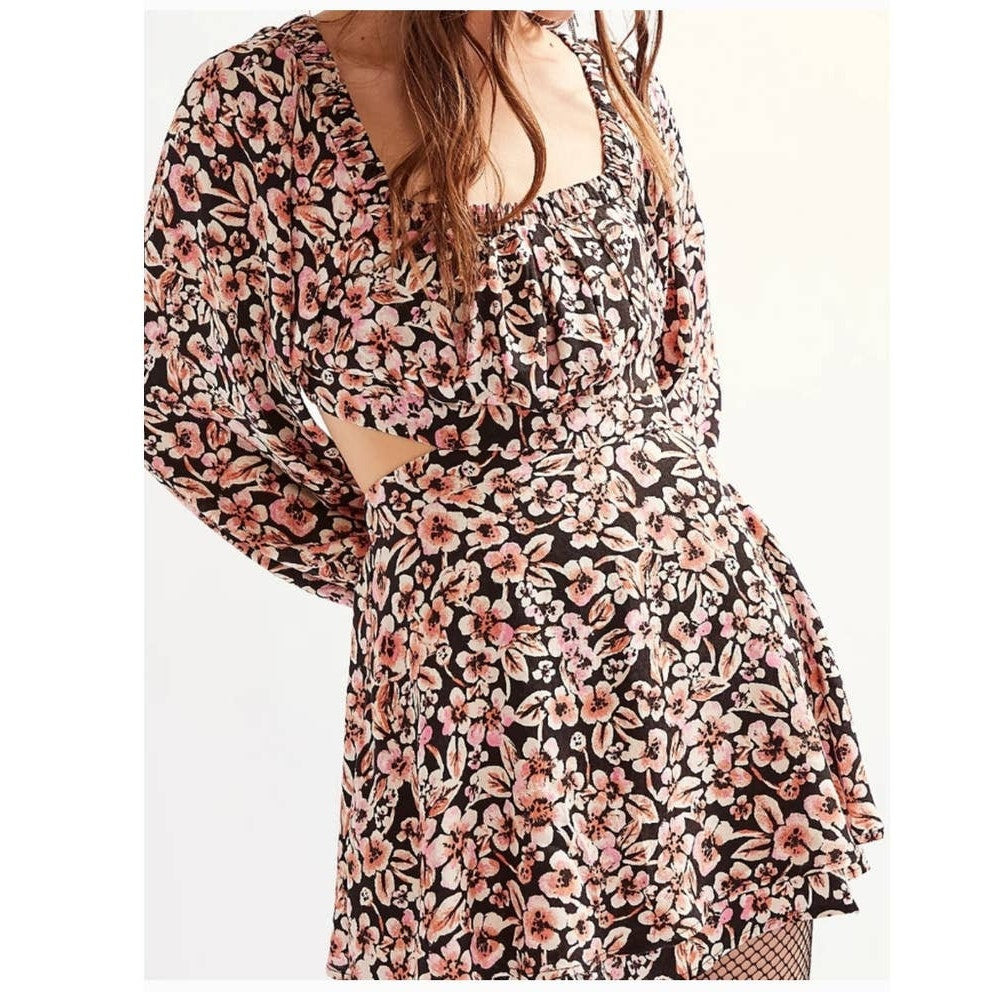 New Free People Jael  Boho Floral Printed Mini Dress $128 MEDIUM Black