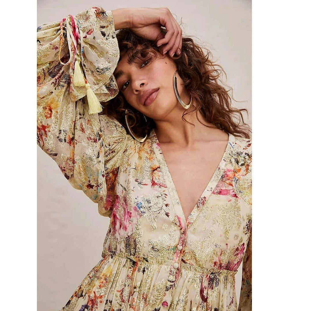 New Free People Rococco Sands Cara Mini Dress $383 SMALL Ivory Tiered Metallic