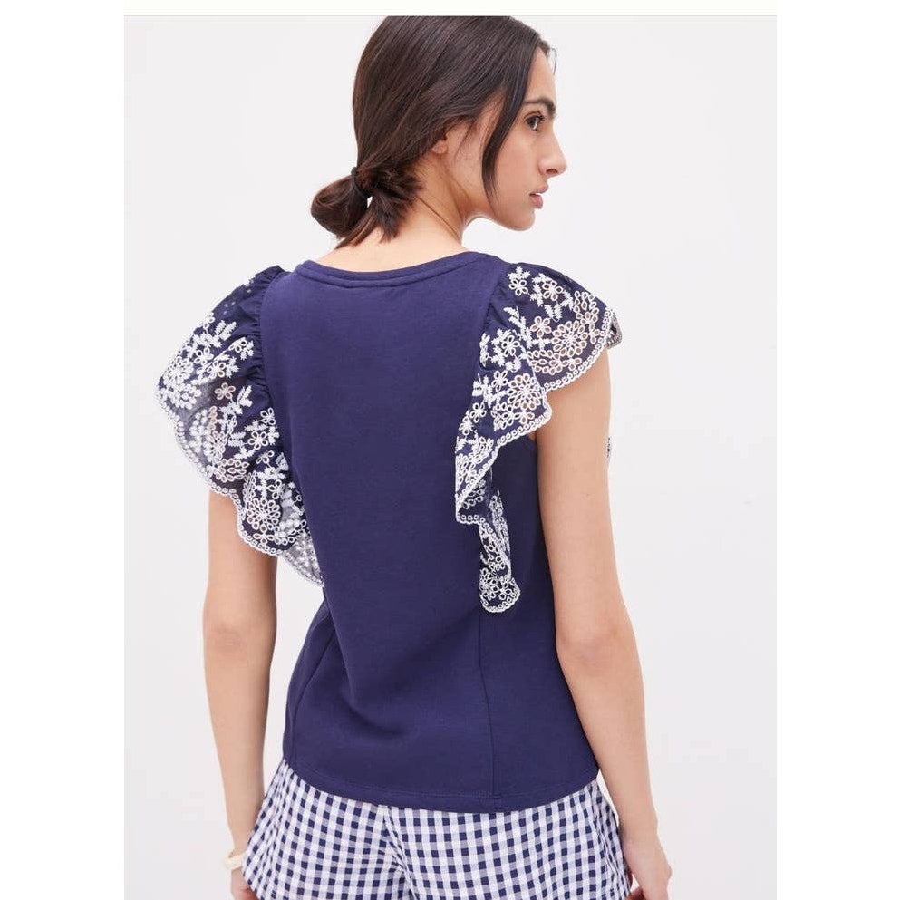 New Anthropologie by Maeve Ruffled Eyelet Top $90 MEDIUM Navy