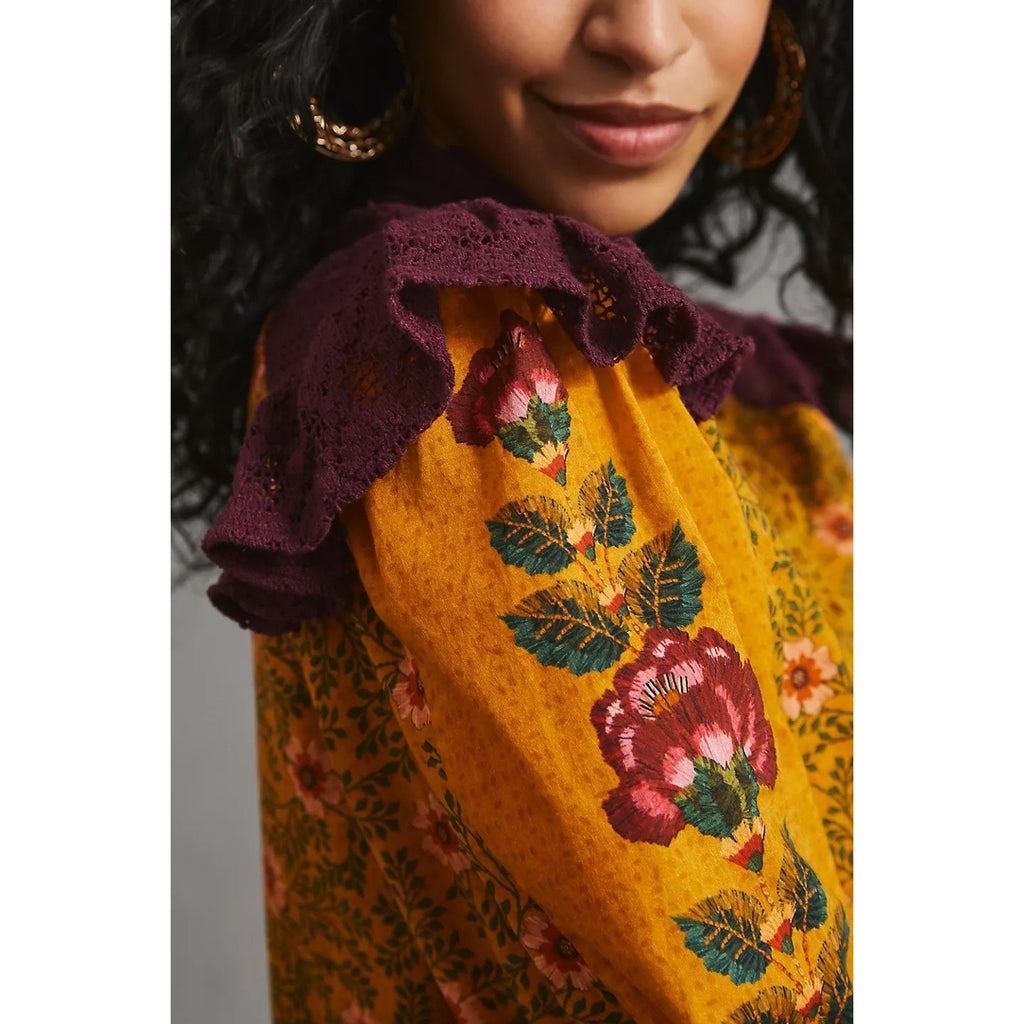 Anthropologie Ruffled Floral Long Sleeve Blouse
