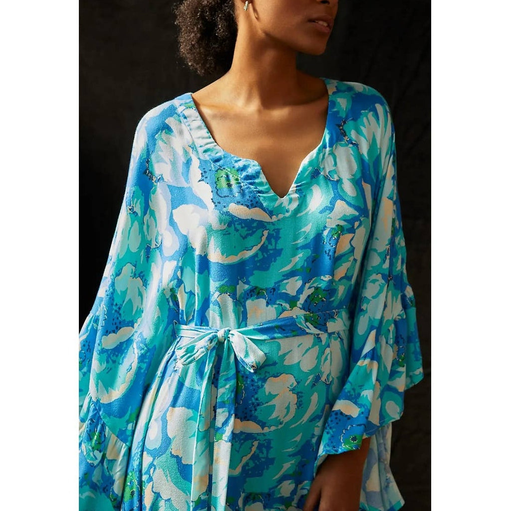 New Anthropologie Bel Kazan Floral Kaftan $150 ONESIZE Blue/Green Resort Wear