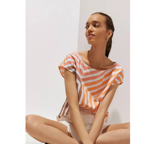 Orange-and-white geo striped blouse, short flutter sleeves, side drape