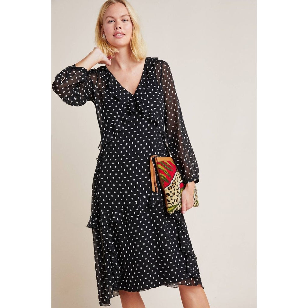 New Anthropologie Sirena Ruffled Tunic Midi Dress  $160  SMALL Midi Polka Dot