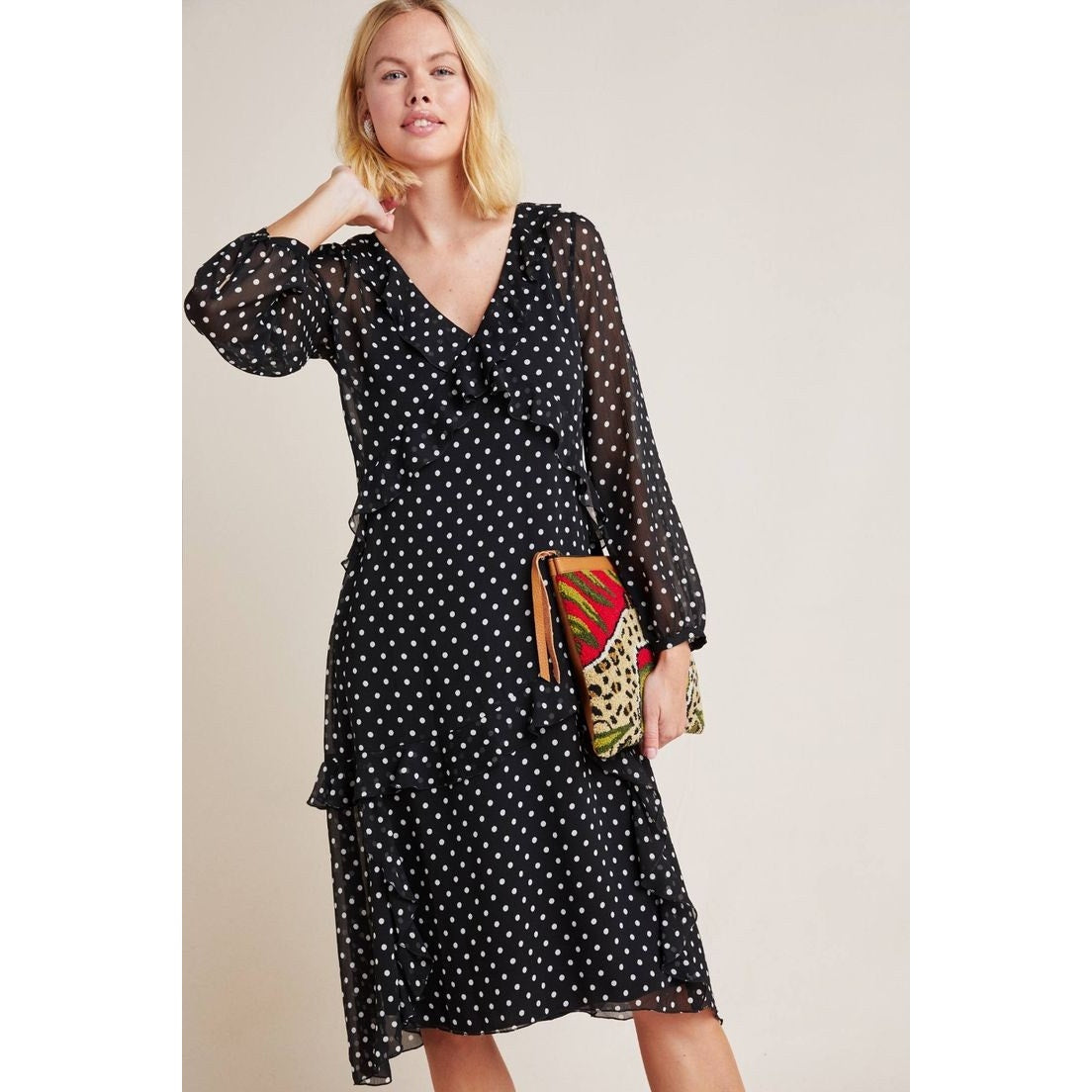 New Anthropologie Sirena Ruffled Tunic Midi Dress  $160  SMALL Midi Polka Dot