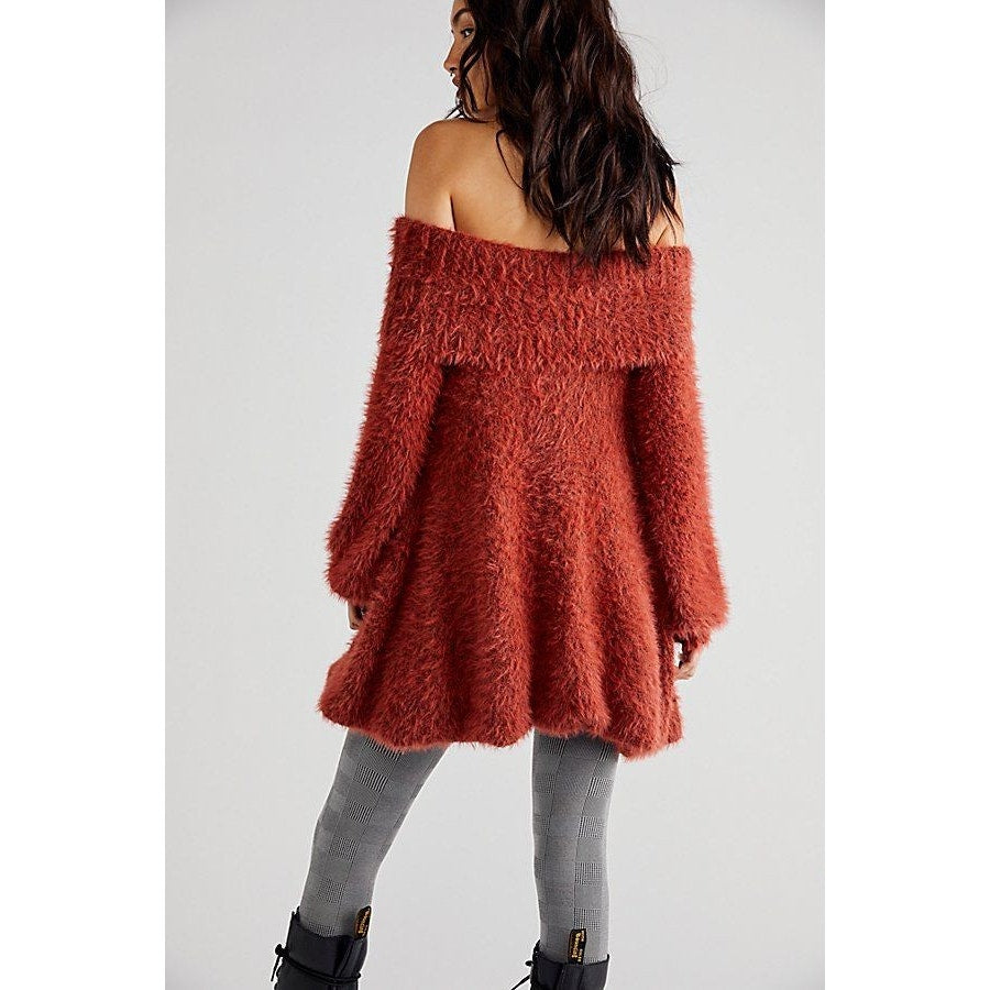 New Free People Mallow Mini Fuzzy Sweater Mini Dress $148 SMALL Rustic Red