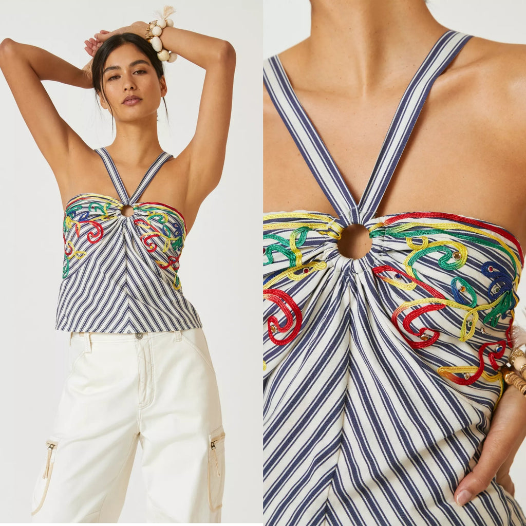 New Anthropologie Avril Emroidered Striped Halter Top $110  MEDIUM  Blue