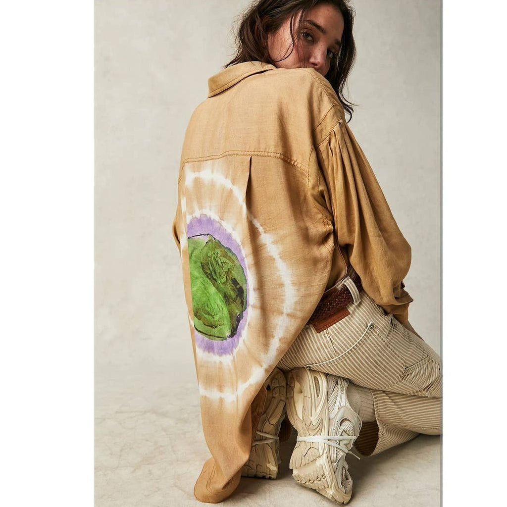 New Free People WTF Yin Yang Tie Dye Graphic Buttondown $198 X-SMALL BOHO