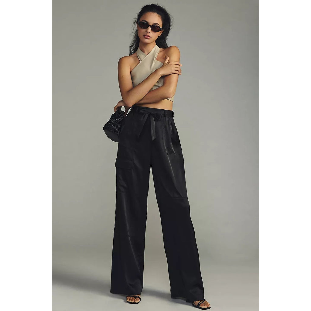 New Anthropologie Hutch Satin Utility Pants $148 SMALL Black Spandex