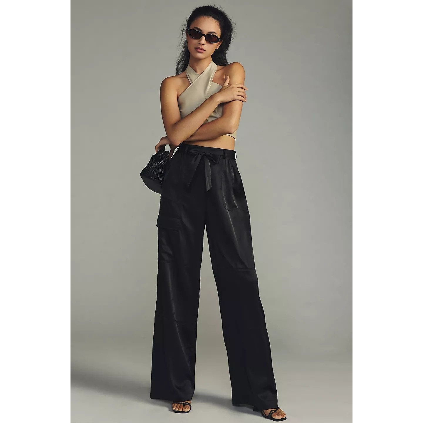 New Anthropologie Hutch Satin Utility Pants $148 SMALL Black Spandex