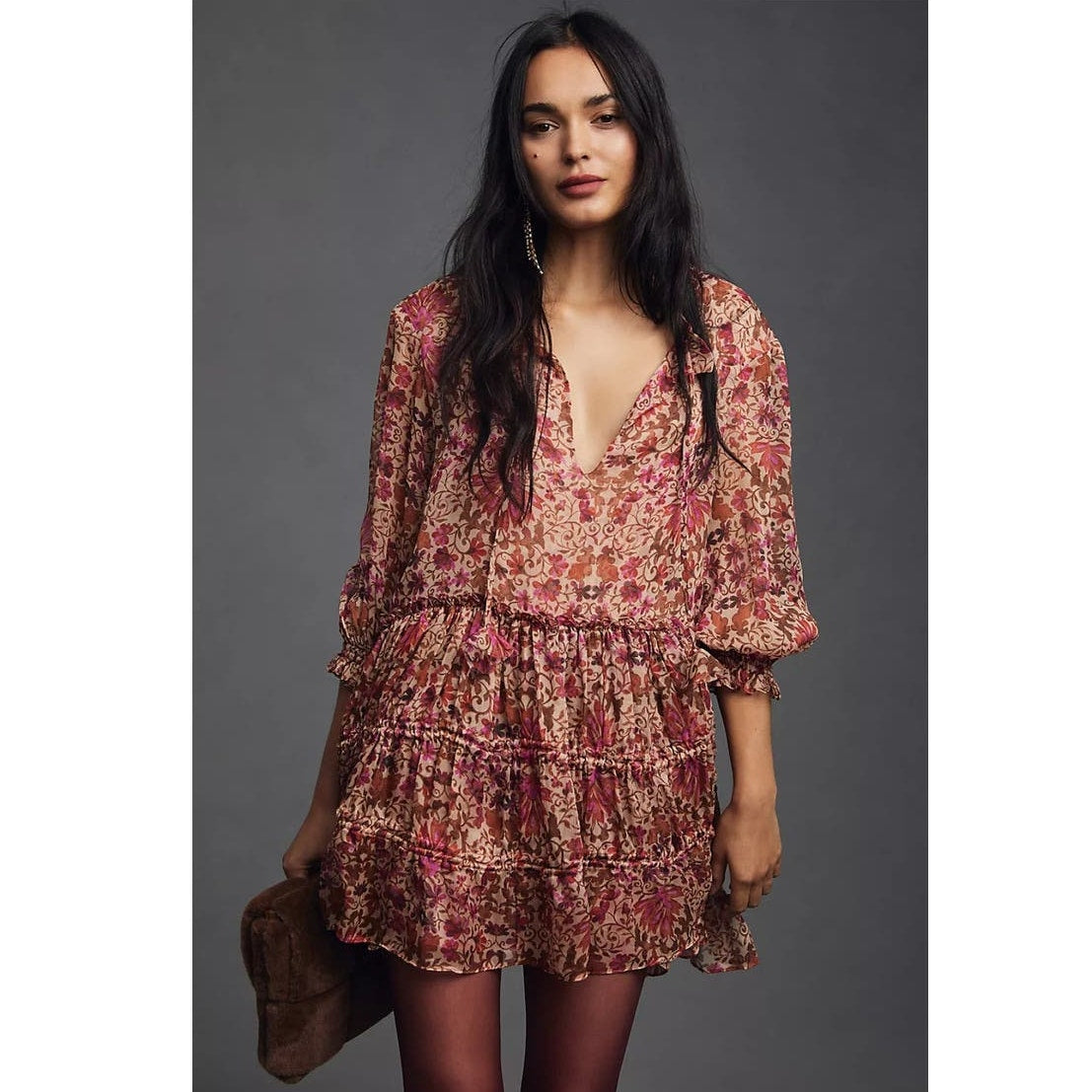 New Anthropologie x Misa V-Neck Floral Mini Dress $435 MEDIUM Light Red