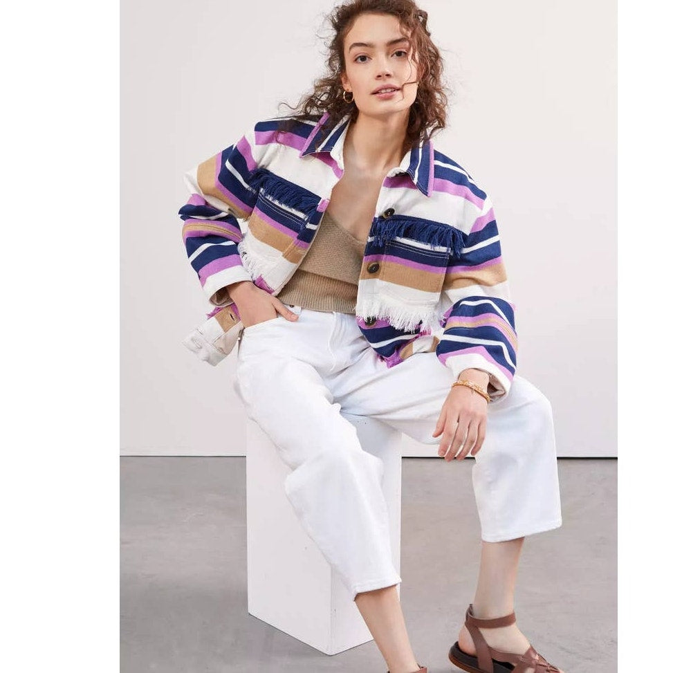 New Anthropologie by Alexandra Bueno Stripe Fringed Buttondown Jacket $398 SMALL