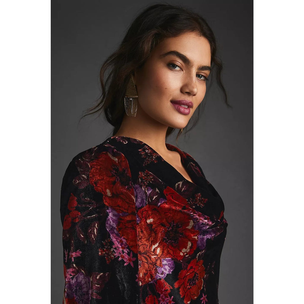New Anthropologie Maeve Cowl-Neck Velvet Dress $180 X-SMALL Black Motif