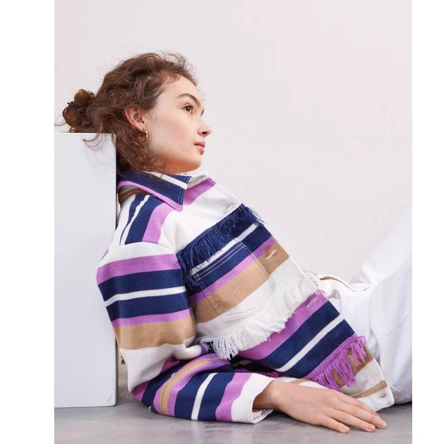 New Anthropologie by Alexandra Bueno Stripe Fringed Buttondown Jacket $398 SMALL