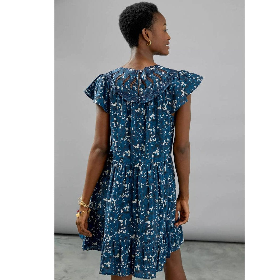 New Anthropologie Othilia Dessa Ruffled Mini Dress $248 PLUS XS Blue Cotton