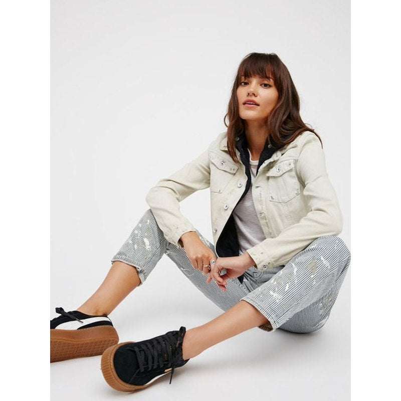 New Free People Double Weave Hooded Denim Jacket  $148 SMALL White Liberty Wash