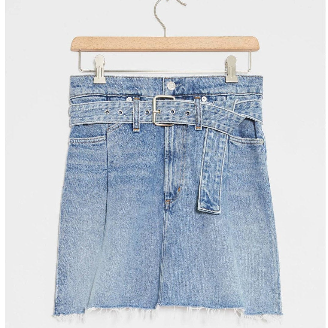 New Anthropologie x Agolde '90s Slim Belted Denim Mini Skirt $188 Sz 25 Raw Hem