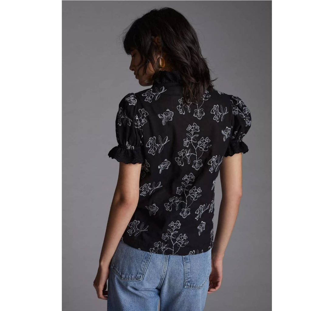 New Anthropologie ESPECIA Floral Embroidered Ruffle Blouse $190 SMALL B&W