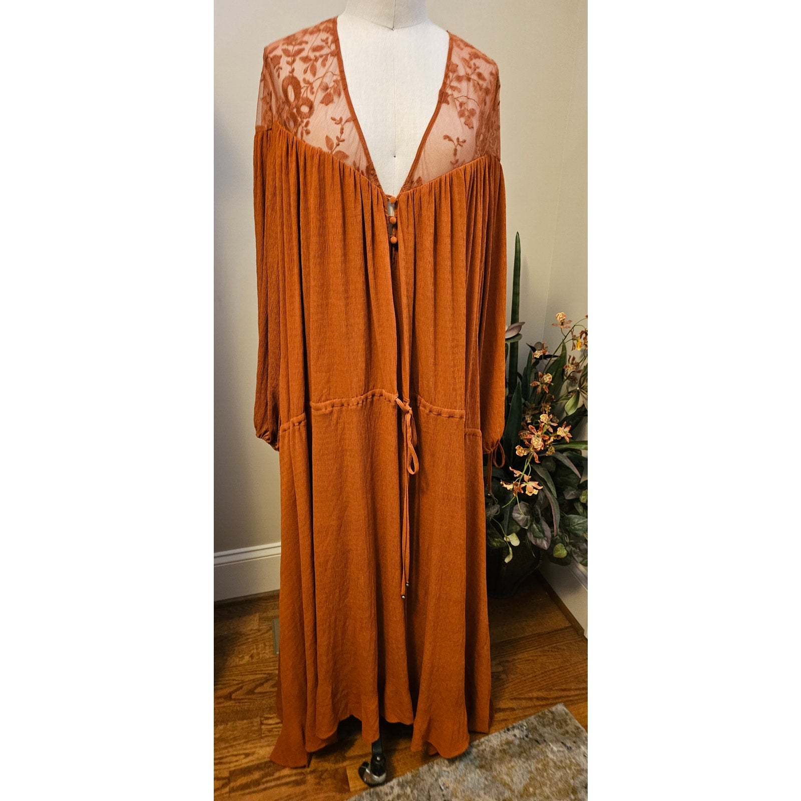 New Free People Clementine Maxi Dress XS/S Brown/Rust Long Sleeve Lace Chiffon