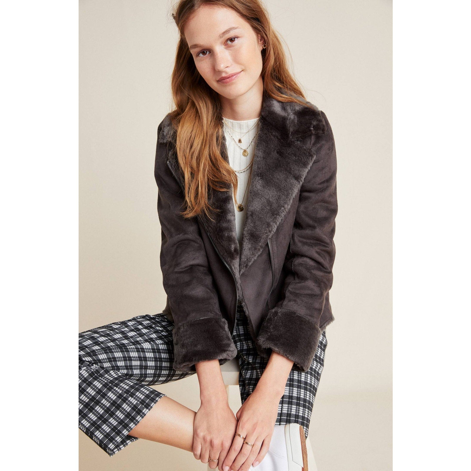 New Anthropologie Evita Faux Fur Aviator Jacket $240 SIZE 6 Gray
