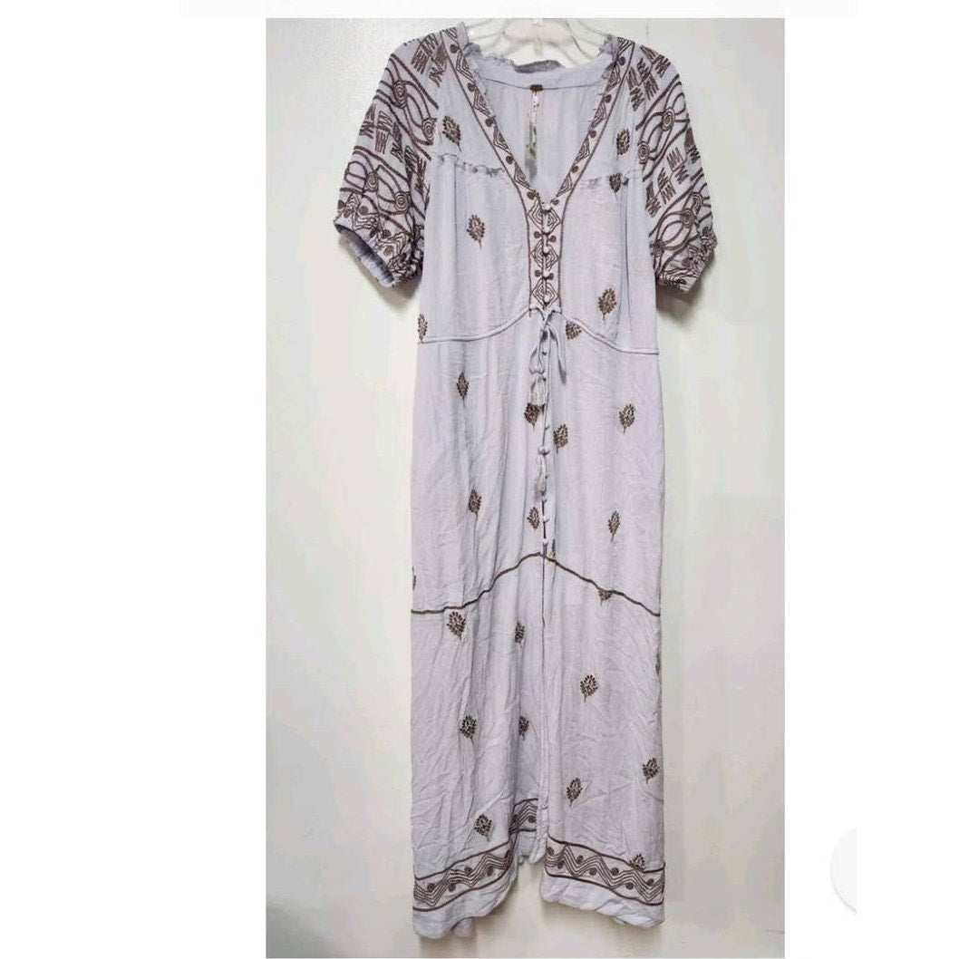 New Free People Riley Embroidered Button Front Midi Dress $188 SMALL Stardust