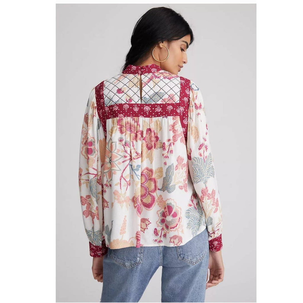 New Anthropologie Let Me Be Quilted Floral Long Sleeve Blouse $130 SMALL Pink