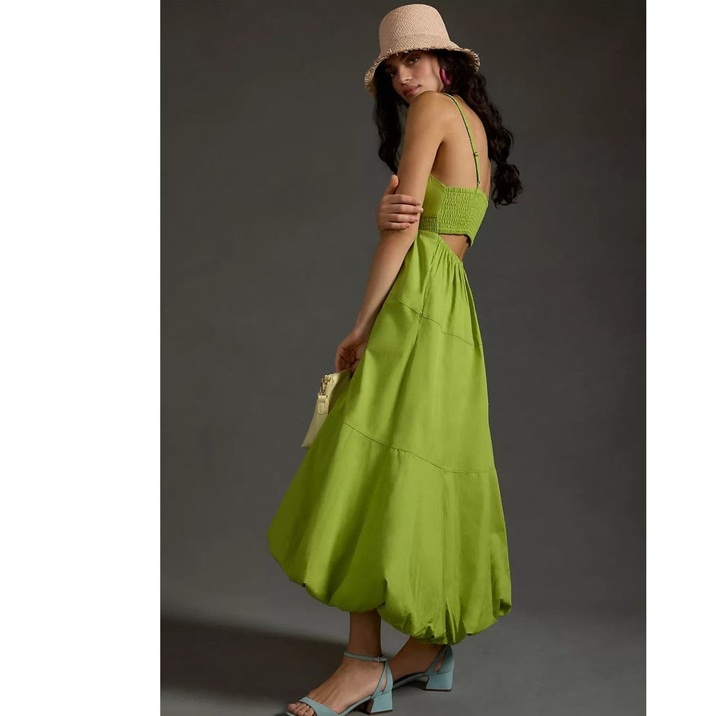 New By Anthropologie V-Neck Tiered Bubble-Hem Midi Dress $170 LARGE Green