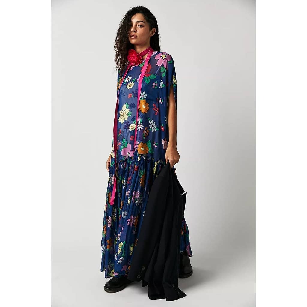 New Free People Mina Retro Floral Maxi Dress Chiffon $298 X-SMALL Blue Mini Slip