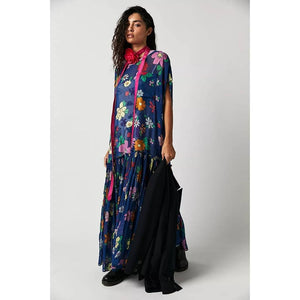 New Free People Mina Retro Floral Maxi Dress Chiffon $298 X-SMALL Blue Mini Slip