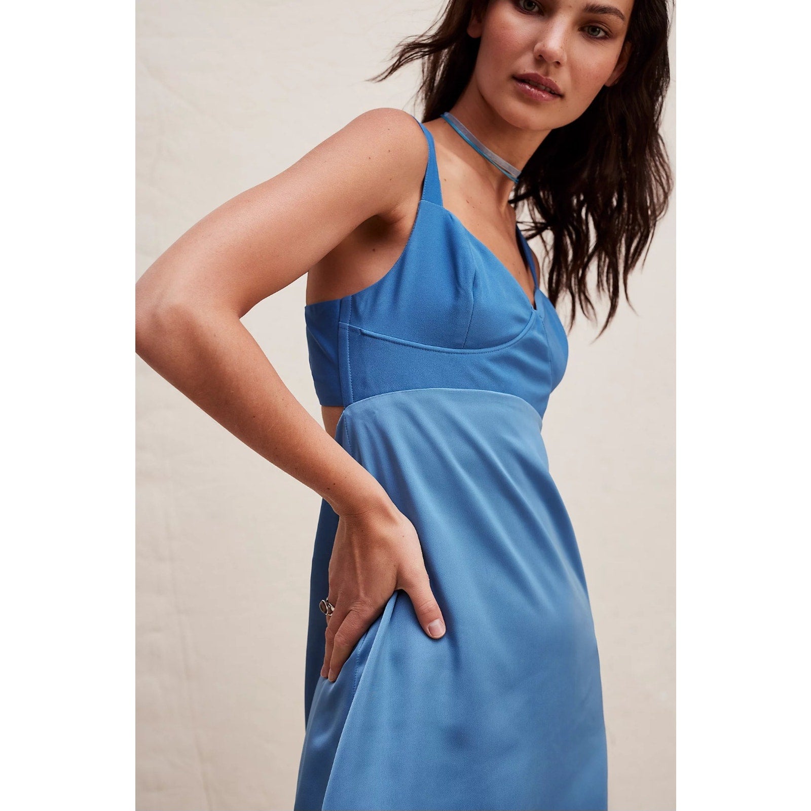 New Free People Gia Silky Maxi Dress $250 SIZE 8 Blue Bustier Slip Gown
