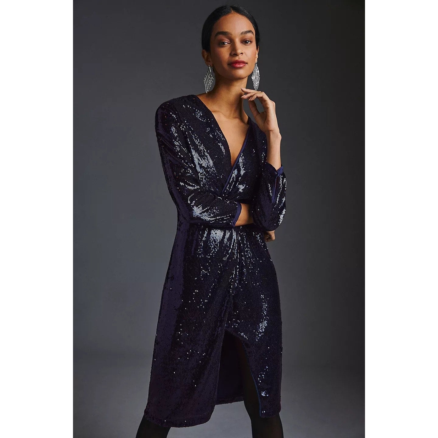 New By Anthropologie Twist-Front Sequin Dress $210 Navy Blue US Size 4