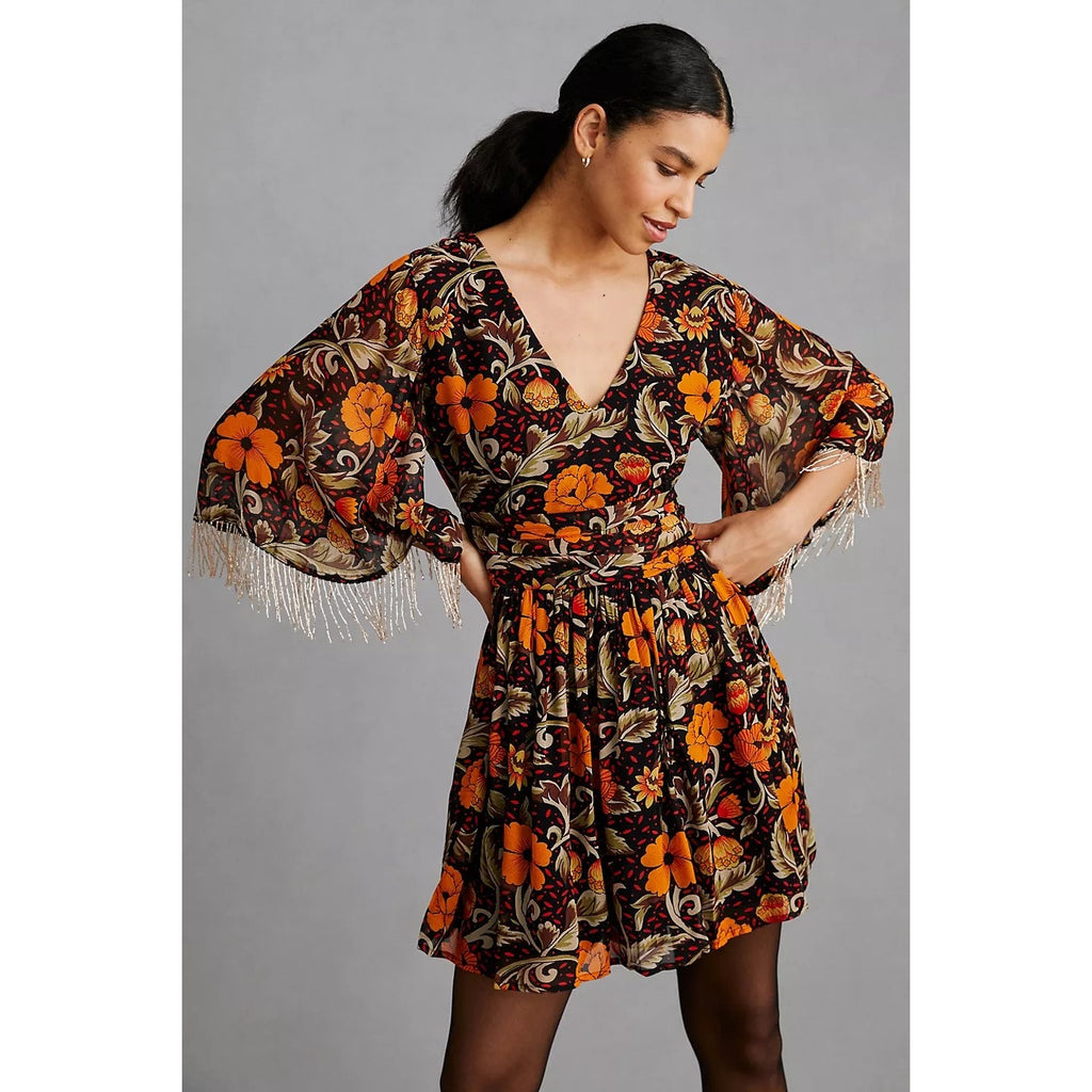 New Anthropologie Verb by Pallavi Floral Fringed Mini Dress $220 XS Brown Motif