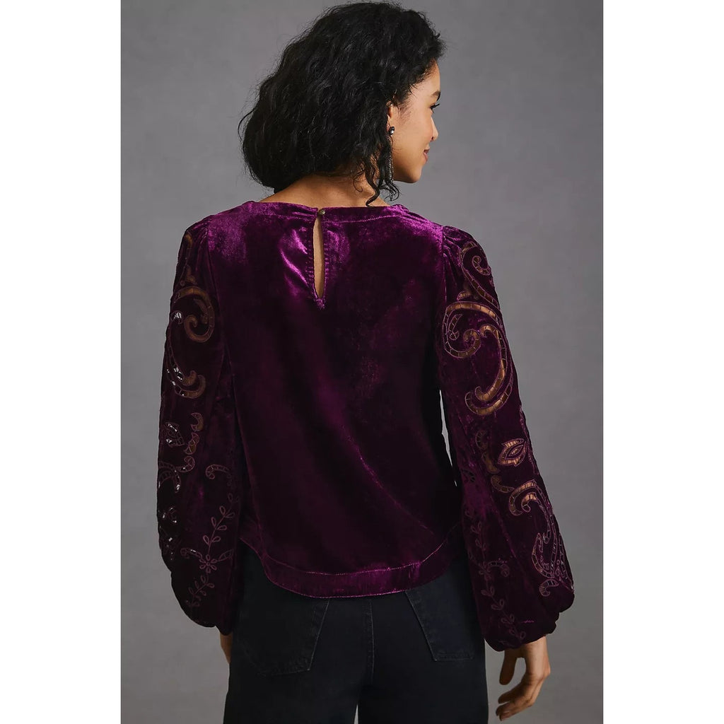New By Anthropologie Velvet Cutwork Long Sleeve Top $168 X-SMALL Plum