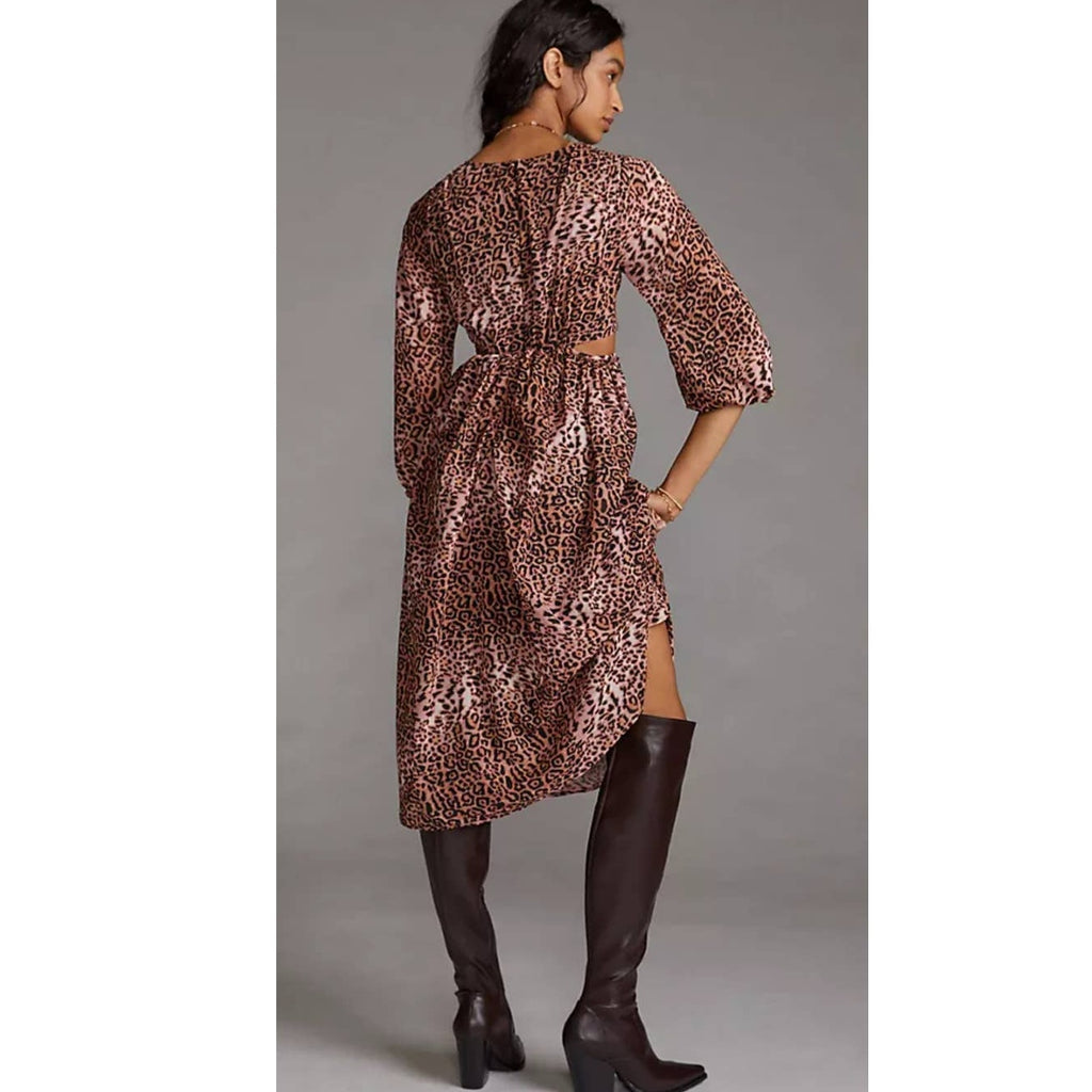New Anthropologie Ranna Gill Leopard Cut-Out Midi Dress $190 MEDIUM Black Motif