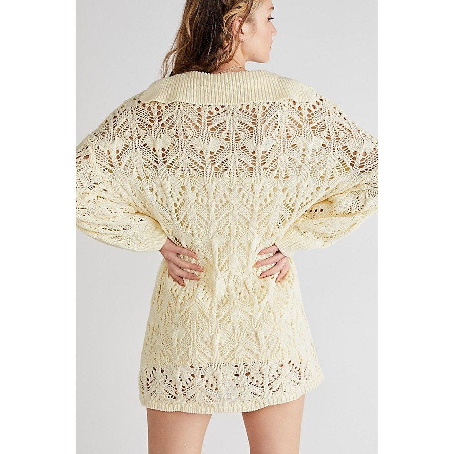 New Free People Elton Collared Crochet Mini Dress $178 MEDIUM Ivory Lined