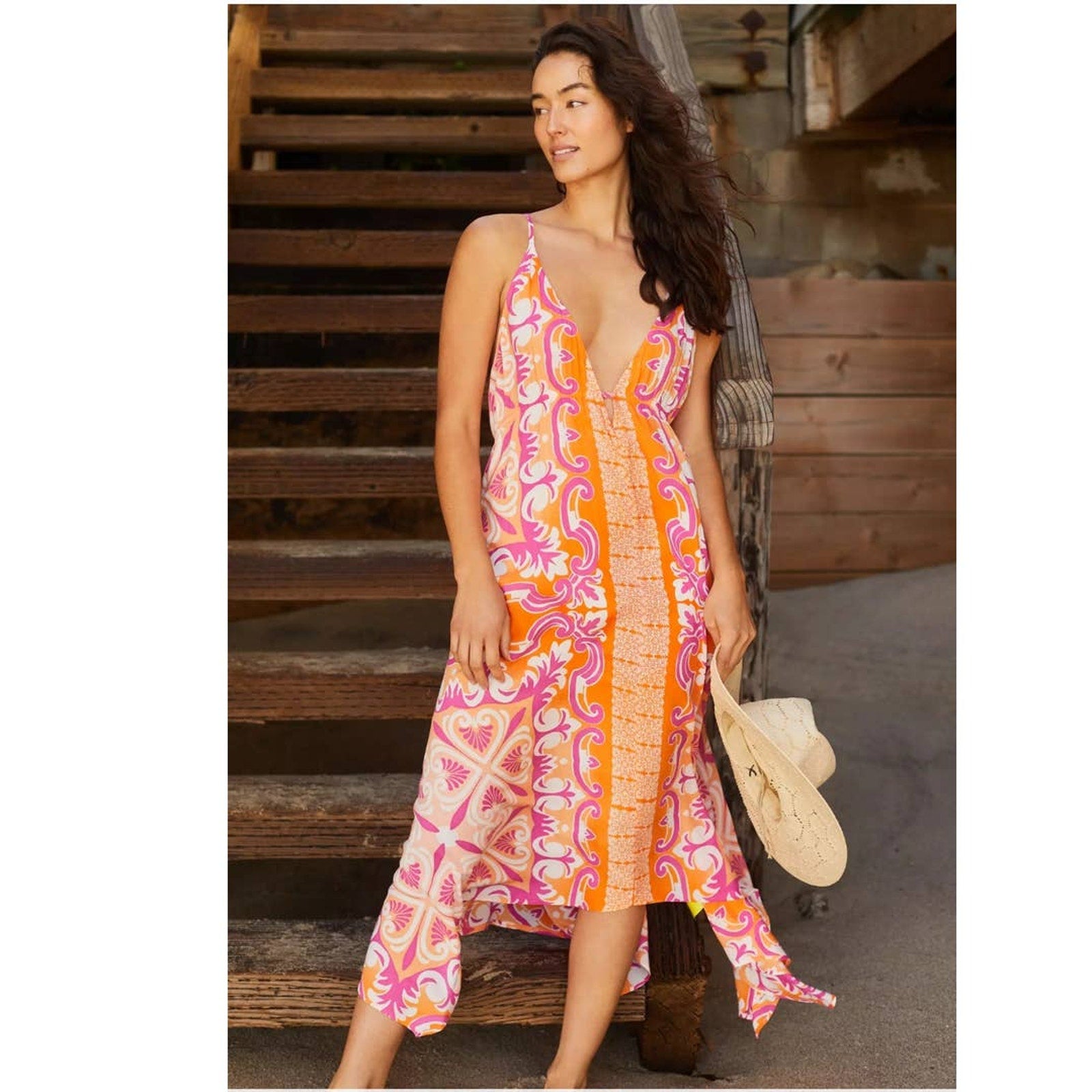 New Anthropologie Abstract Geo Midi Cover-Up Dress $120 SMALL Orange Motif