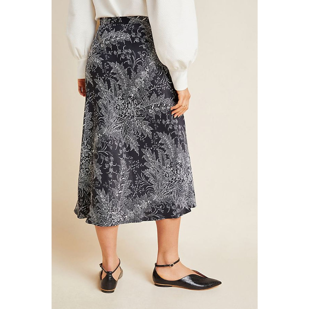 New Anthropologie Bias Satin Midi Skirt $110 SIZE 8 Black Floral