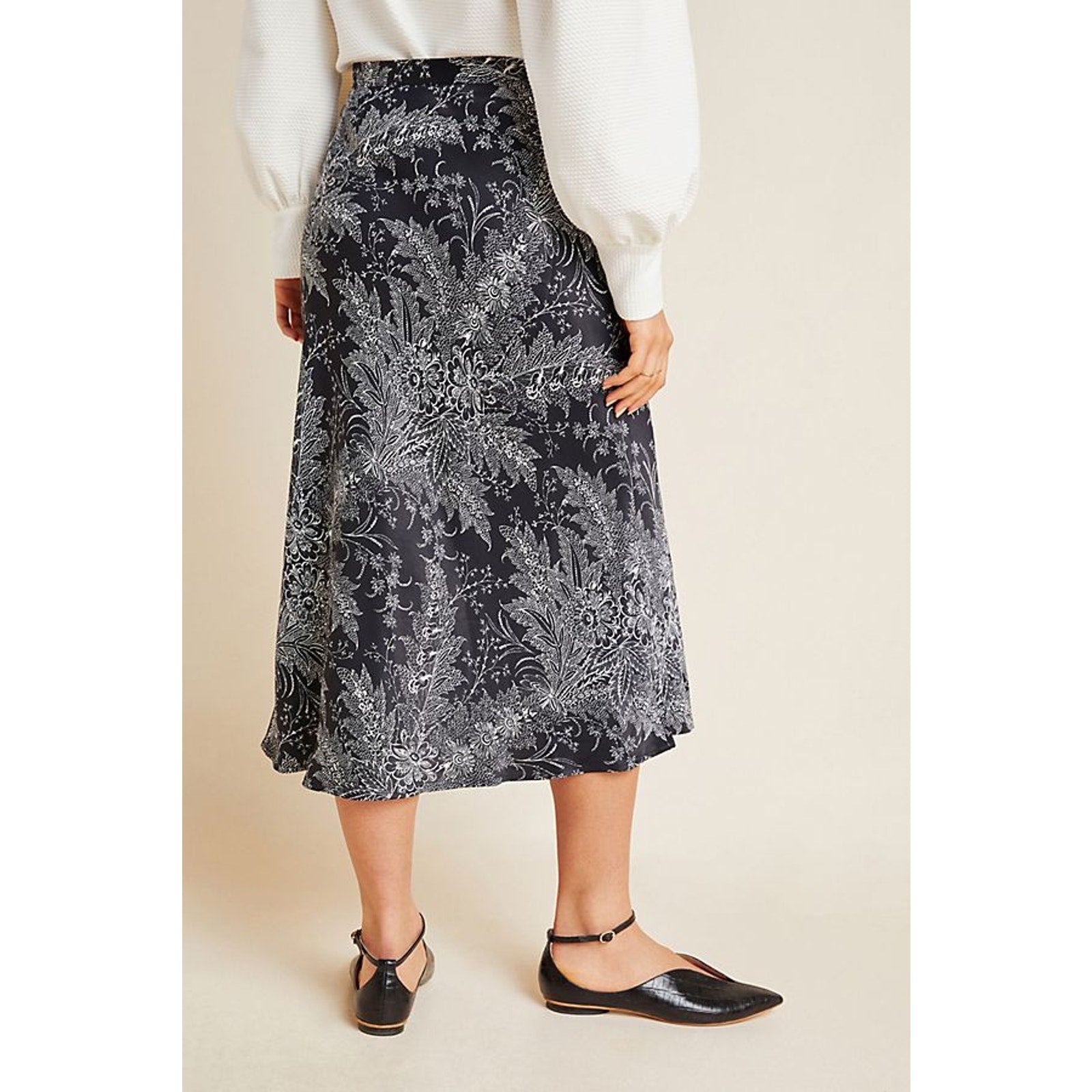 New Anthropologie Bias Satin Midi Skirt $110 SIZE 8 Black Floral