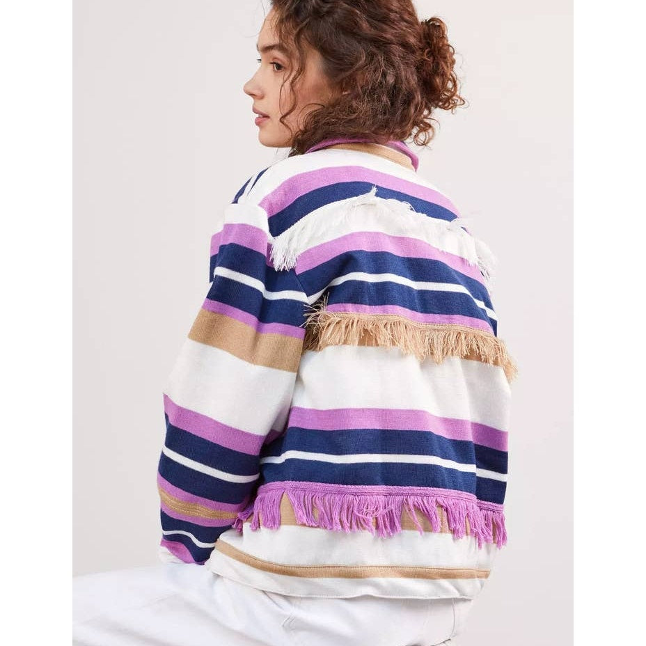 New Anthropologie by Alexandra Bueno Stripe Fringed Buttondown Jacket $398 SMALL