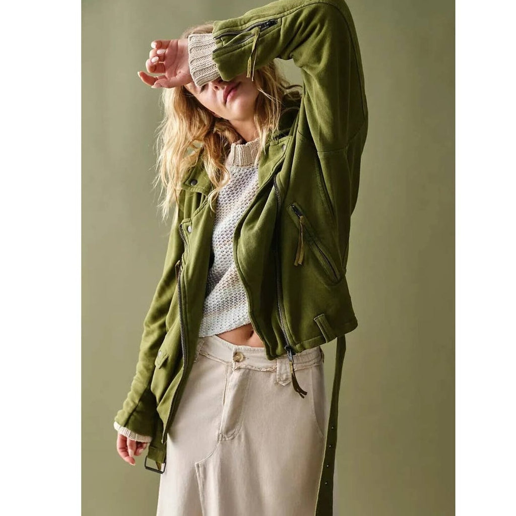 New Free People WTF Rebel Rebel Knit Moto Jacket $198 SMALL Olive Oversized