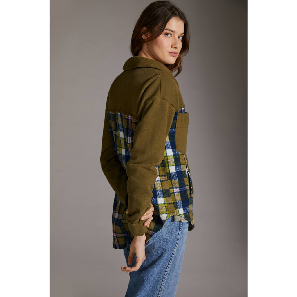 New Anthropologie Pilcro Plaid Contrast Shirt Jacket $140 X-SMALL Green Motif