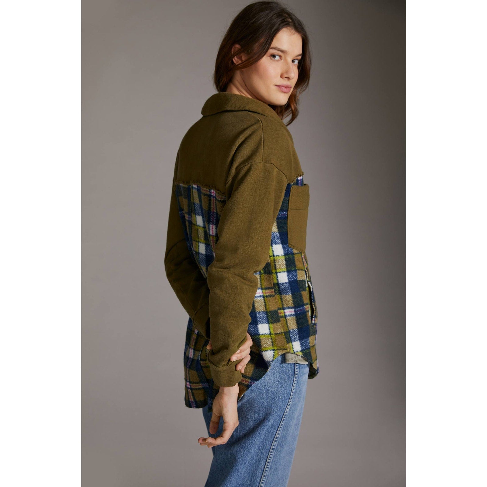 New Anthropologie Pilcro Plaid Contrast Shirt Jacket $140 X-SMALL Green Motif
