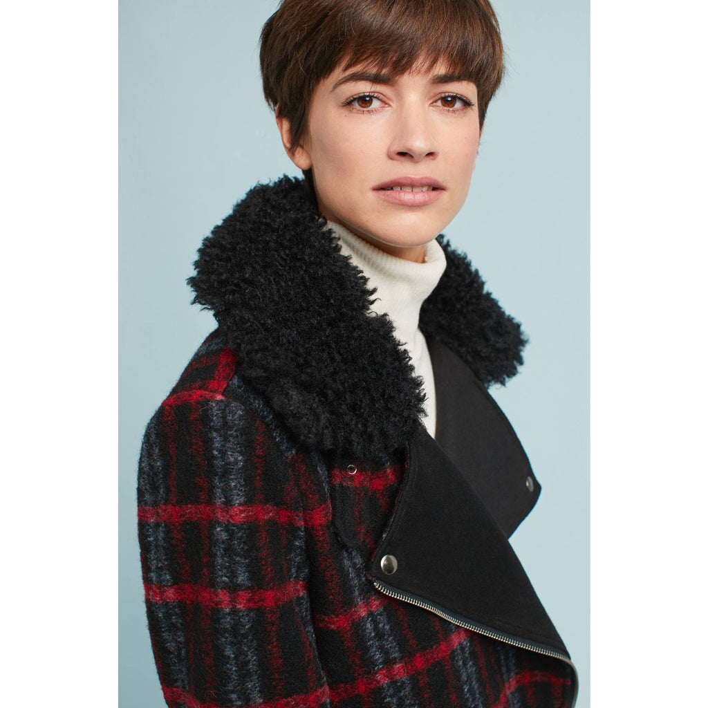 New Anthropologie Plaid Shearling Moto Jacket by Greylin $225 SMALL