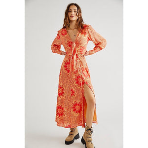 New Free People Nappa Midi Dress $168 SMALL Sunshine Floral Coral Long Sleeve