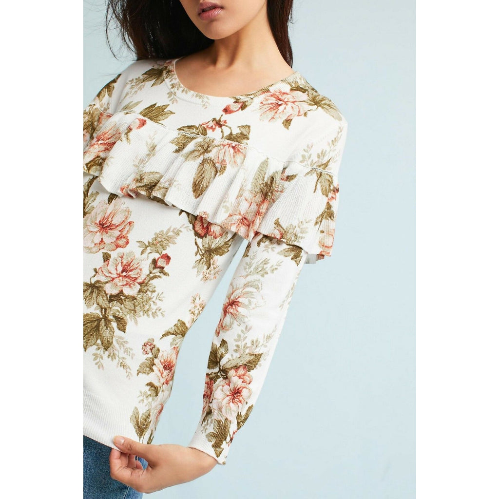 New Anthropologie Floral Ruffled Pullover by Harlyn $118 Size Small Long Sleeve